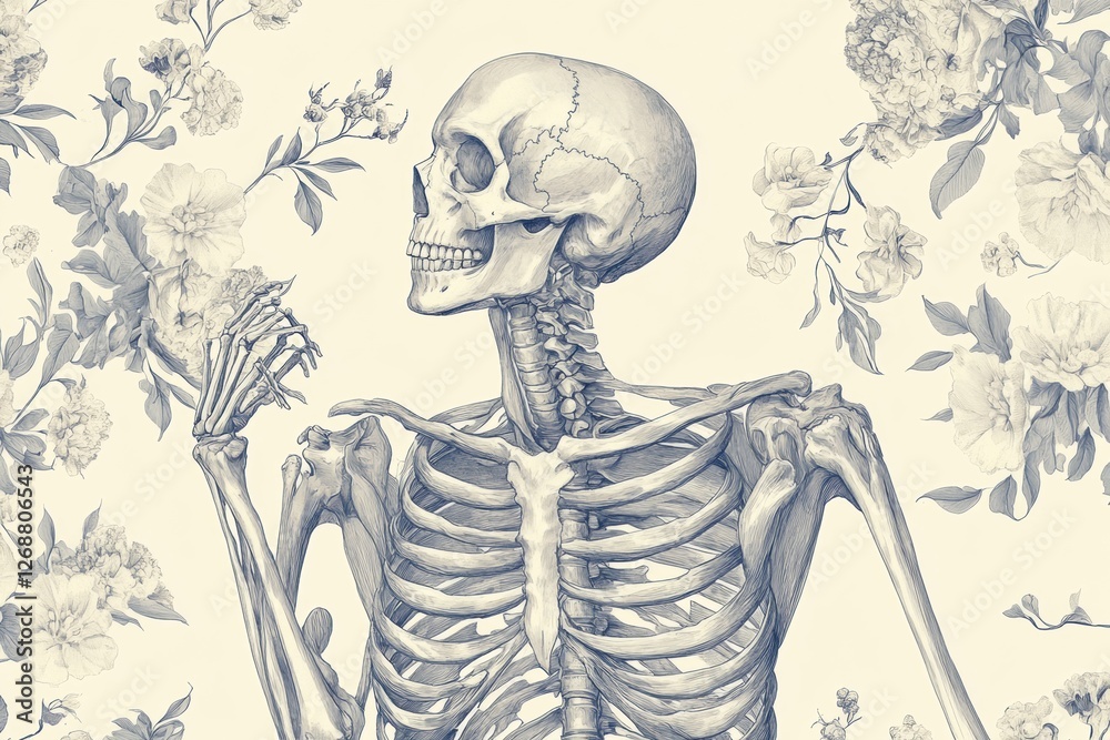 Aufkleber illustration of a skeleton surrounded by floral patterns in a detailed artistic style. generative ai