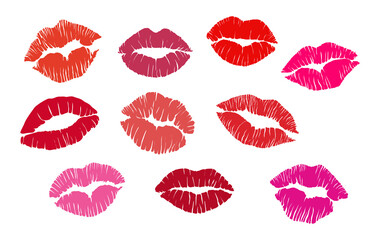 Set of different lips kiss prins red, pink, purple. Flat vector illustrations, design elements isolated on white background