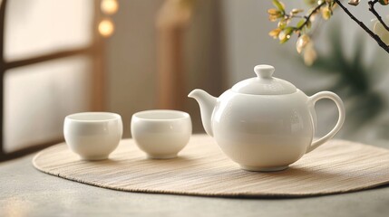 Fototapeta premium Elegant Traditional Japanese Tea Ceremony Tea Setup with Teapot