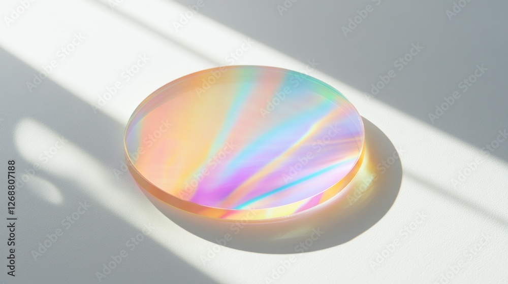 Poster a stunning holographic sticker mockup sits alone on a smooth surface, reflecting a spectrum of color