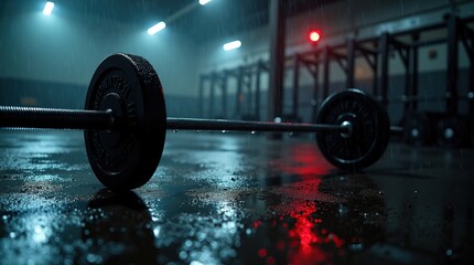 A heavy barbell resting on a wet and reflective gym floor, symbolizing persistence, evoking a sense of gritty determination and contrast.