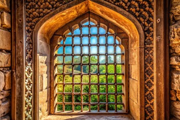 Fototapeta premium Ancient Fortress Gate Window with Protective Lattice - Historic Architecture Stock Photo