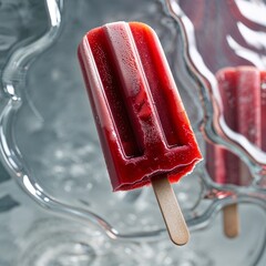 Summer's Sweet Escape: A Vibrant Red Popsicle with a Creamy Center, Melting Delightfully on a Bed of Crushed Ice.
