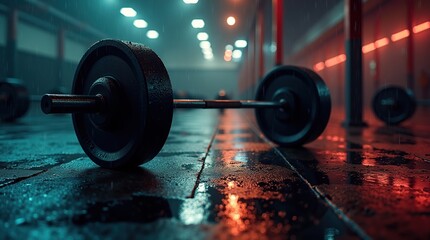 A heavy barbell resting on a wet and reflective gym floor, symbolizing persistence, evoking a sense of gritty determination and contrast.