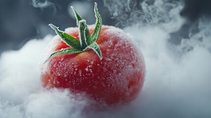 A liquid nitrogen-cooled tomato snack for a dramatic effect, thick cold mist swirling around, frost-covered texture, high-speed cinematic presentation