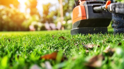 Close-up of a lawn with a grass trimmer in use, highlighting garden maintenance.