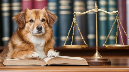 Pet Laws and Animal Welfare. Adorable Dog with Legal Books and Scales of Justice Symbolizing Animal Welfare and Pet Laws