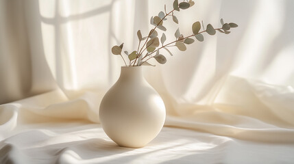 Elegant vase with eucalyptus branches on soft fabric background illuminated by natural light in a serene indoor setting. Generative AI