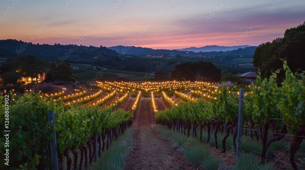 Poster vineyard illuminated by soft lights under a vibrant sunset in a tranquil countryside setting