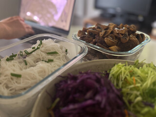 Crispy pork belly slices served with salad and Vietnamese fish sauce.
