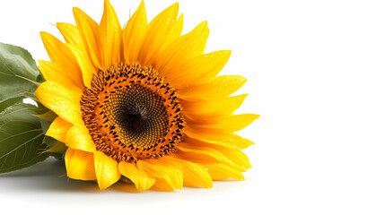 Fototapeta premium Vibrant sunflower with bright yellow petals and a striking center against a white background.