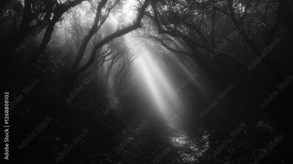 Aufkleber Mysterious forest path illuminated by sunlight filtering through fog at dawn