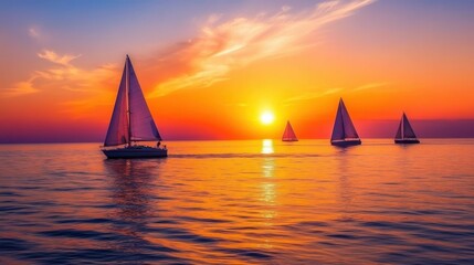 Fototapeta premium Vibrant sunset illuminates calm ocean with sailing boats in the distance