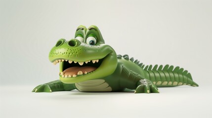 Obraz premium A friendly cartoon crocodile with a big smile, lying on a clean white background.