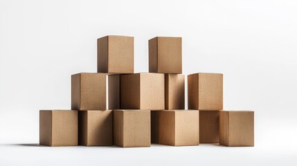 Obraz premium Stacked Brown Cardboard Boxes on a White Background