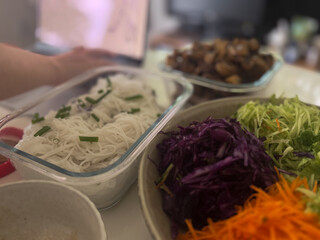 Crispy pork belly slices served with salad and Vietnamese fish sauce.