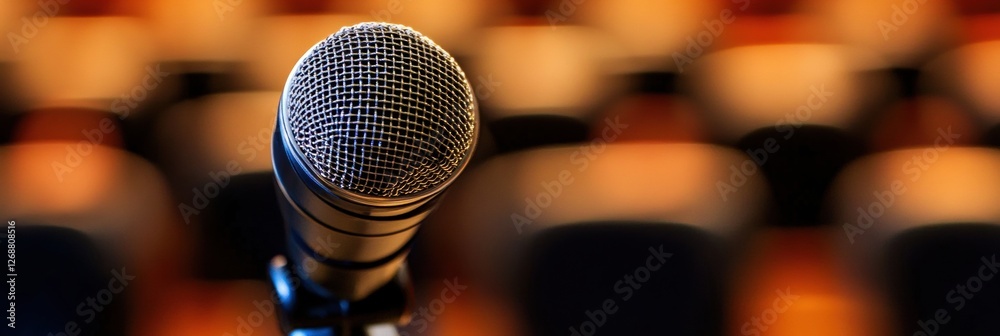 Poster close up of a microphone in a quiet auditorium ready for a performance or speech at night. generativ