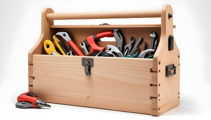 Wooden toolbox with tools isolated on white
