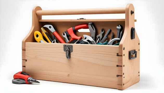 Wooden toolbox with tools isolated on white