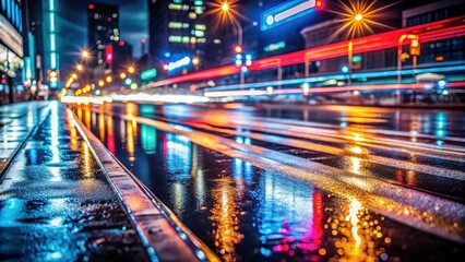 Fototapeta premium Fast moving light stripes reflected on wet road surface at night, city lights, blur, city lights, blur
