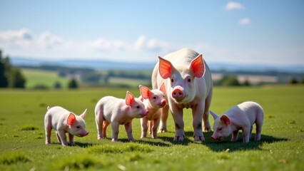 Piglets nursing,  Field piglets feeding clear sky no blur photorealistic.