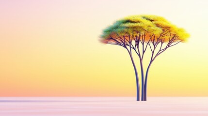 Obraz premium Surreal Sunset Landscape with Stylized Yellow Tree in Minimalist Scene