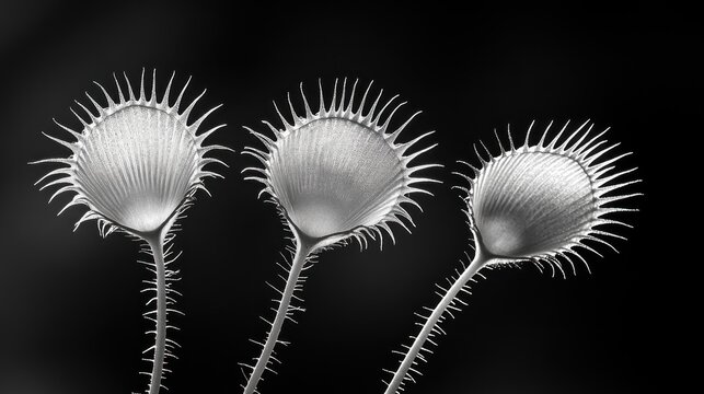 Venus flytrap leaves captured in close-up with fine details against a pitch-black background --chaos 15 --ar 16:9 --v 6.1 Job ID: 601dc2f5-78de-45dd-a80d-2221b1fec9c7