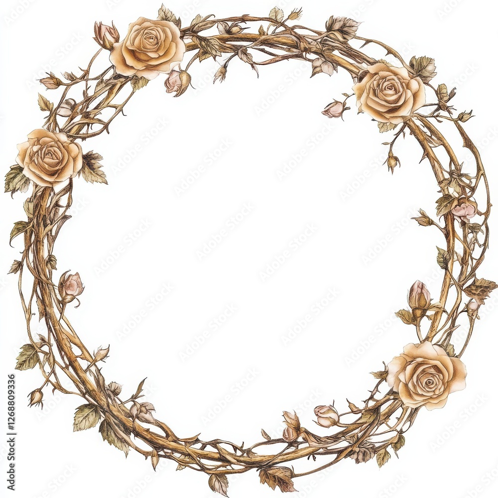 Poster circular frame illustration adorned with roses and vines in a natural elegant design