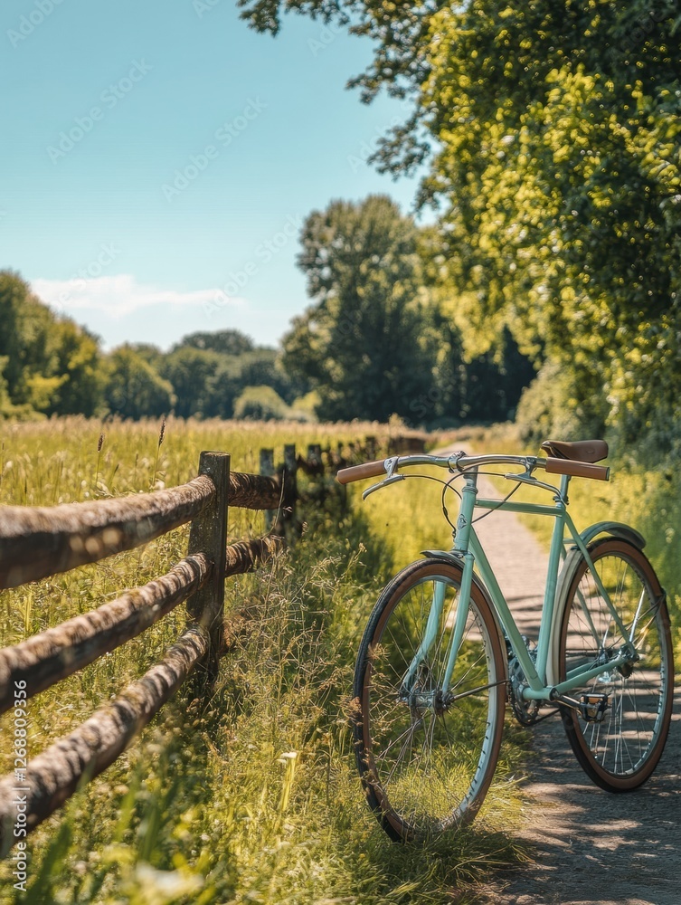 Poster bicycle parked along a sunny pathway in a scenic countryside setting during summer. generative ai