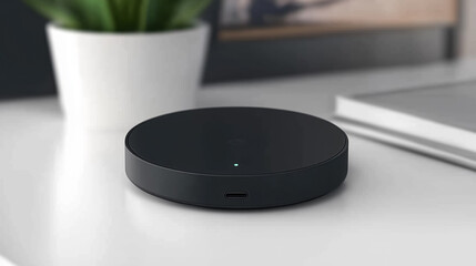 Wireless charger on a sleek desk next to a potted plant, showcasing minimalistic design and functionality in a contemporary workspace setting. Generative AI