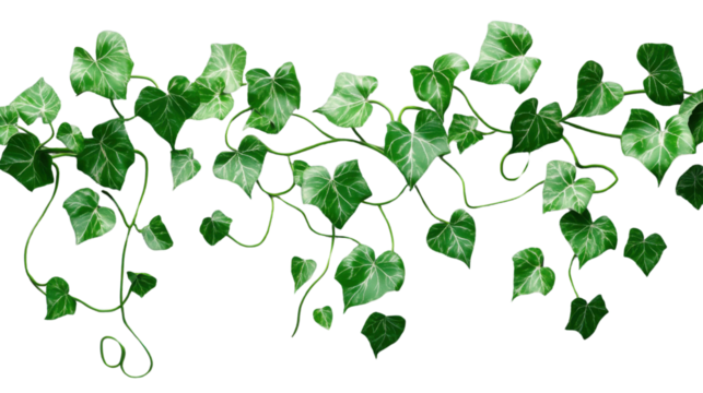 Hanging tropical ivy vines with lush green leaves on transparent background