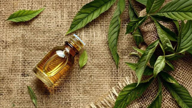 neem essential oil on burlap background