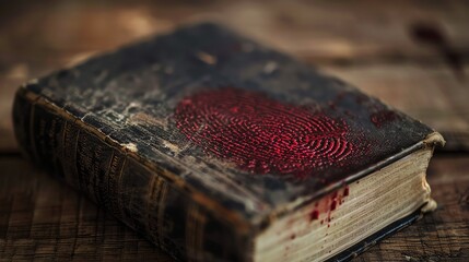 A dark and mysterious book with a bloody handprint on the cover. The book is old and dusty, and the blood is fresh and dripping.