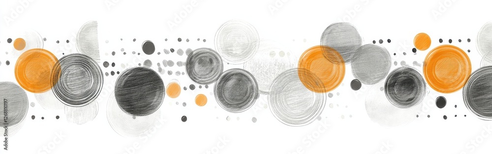 Poster Elegant pencil strokes create a whimsical pattern of muted gray circles and vibrant orange dots