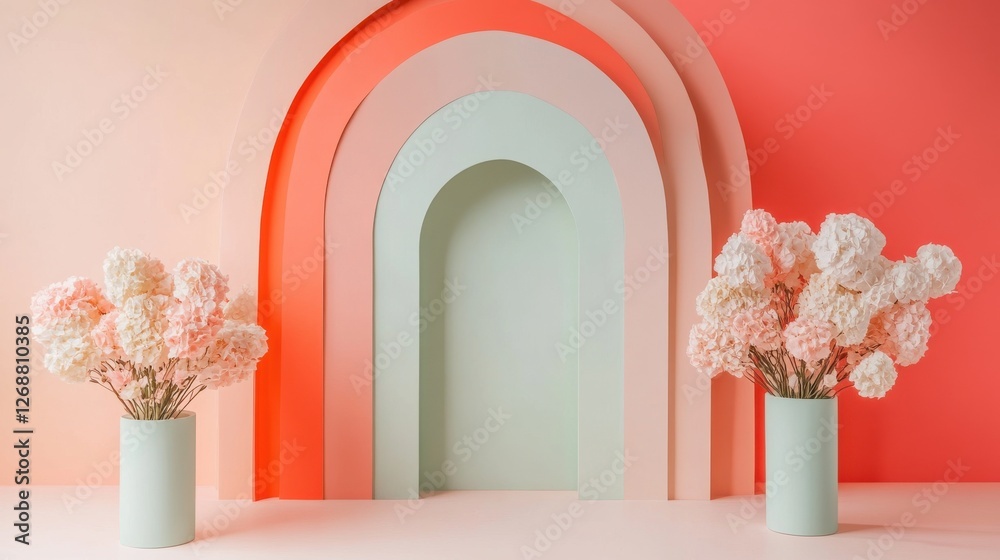 Poster elegant pastel mint and coral arcs create a harmonious backdrop for delicate flowers in minimalist d