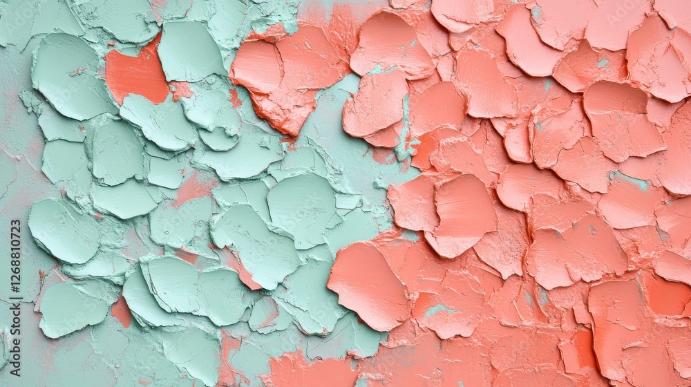 Aufkleber Elegant display of coral and mint uneven blotches creates a textured, artistic background in soft hues