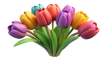 Fototapeta premium Minimalist 3D bouquet of multi-colored tulips, soft gradients, modern plastic look, isolated on white. For wedding decorations, luxury branding, and seasonal greeting cards.