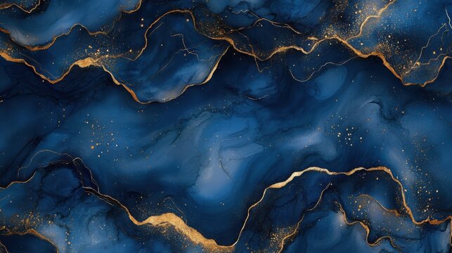 Deep indigo and midnight hues blend with delicate golden accents in an elegant abstract artwork