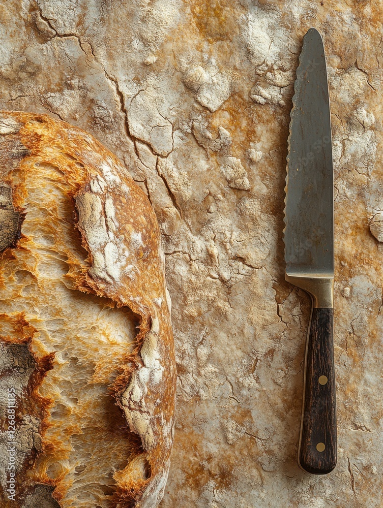 Poster freshly baked sourdough bread resting on a rustic surface with a serrated knife nearby ready for sli