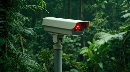 High-Tech Surveillance Camera in Lush Green Jungle Environment for Emergency Alert System