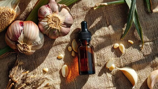 garlic essential oil on burlap background