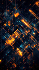 Fototapeta premium Ultra-modern geometric phone wallpaper, glowing neon blue, gold, orange shapes, sleek black background, futuristic cyberpunk design with motion, intricate patterns, mobile phone abstract background