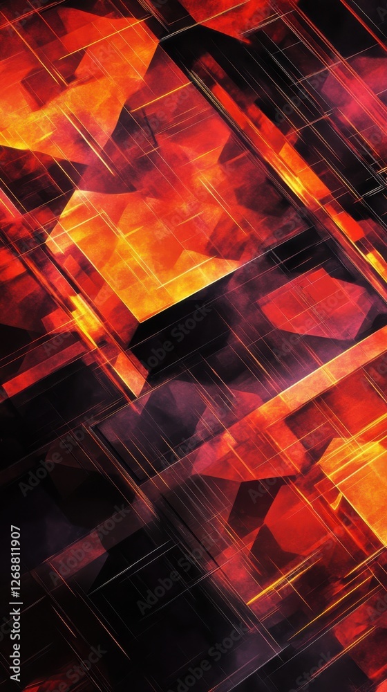 Fototapete Abstract futuristic background featuring geometric patterns and fiery colors with a dynamic, energetic atmosphere