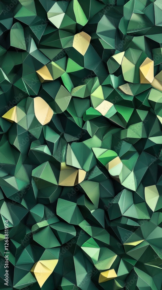 Fototapete Intricate low-poly abstract pattern in forest green with hints of light green and yellow shapes