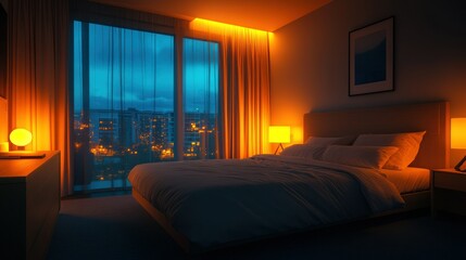 Night city view from modern bedroom, warm lights