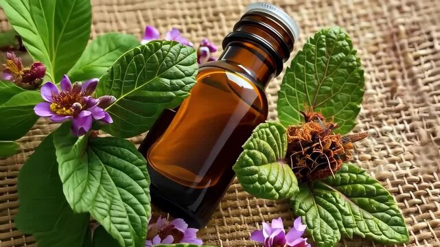 patchouli essential oil on burlap background