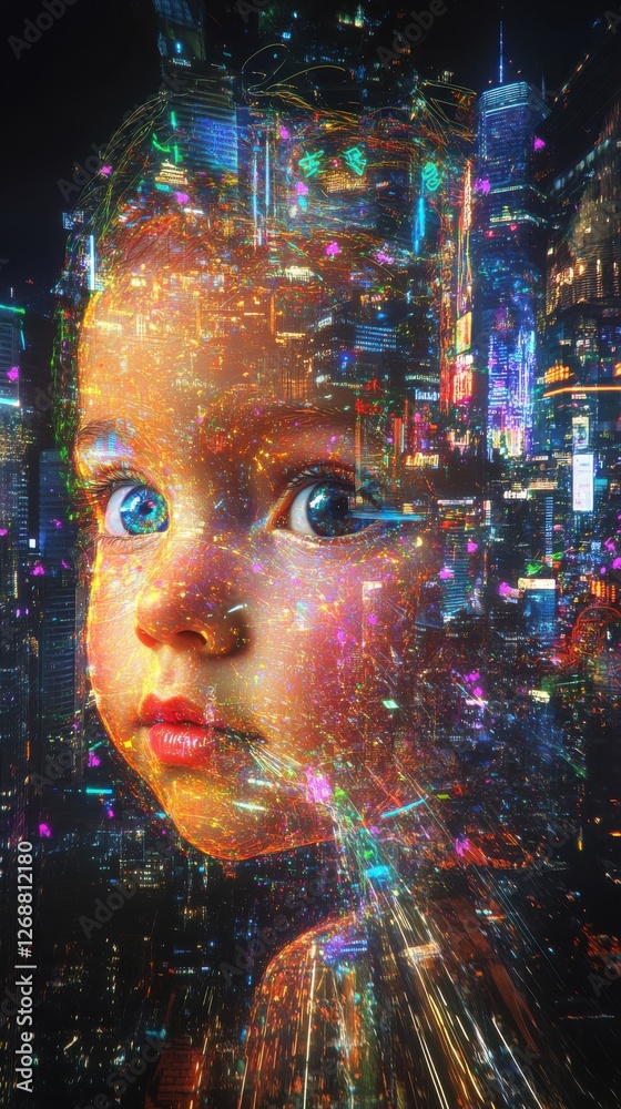 Aufkleber vibrant child face surrounded by a colorful digital cityscape at night with bright lights and dynami