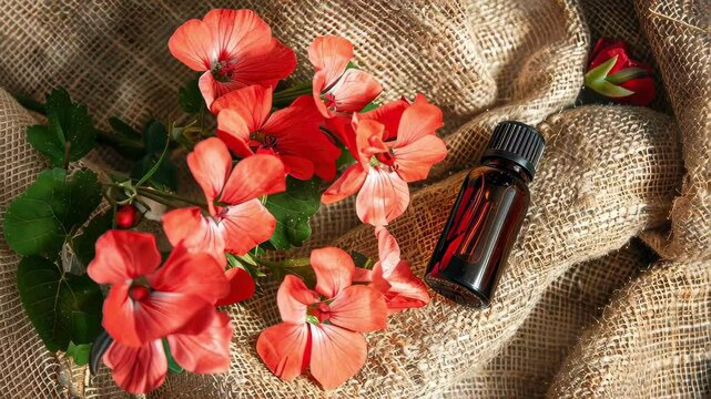 geranium essential oil on burlap background