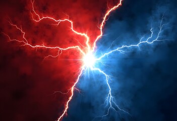 Versus label with lightning effect. Vector illustration with bright thunderstorms and shining lightnings. VS symbol on dark blue and red background.
