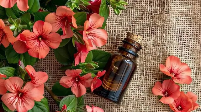 geranium essential oil on burlap background